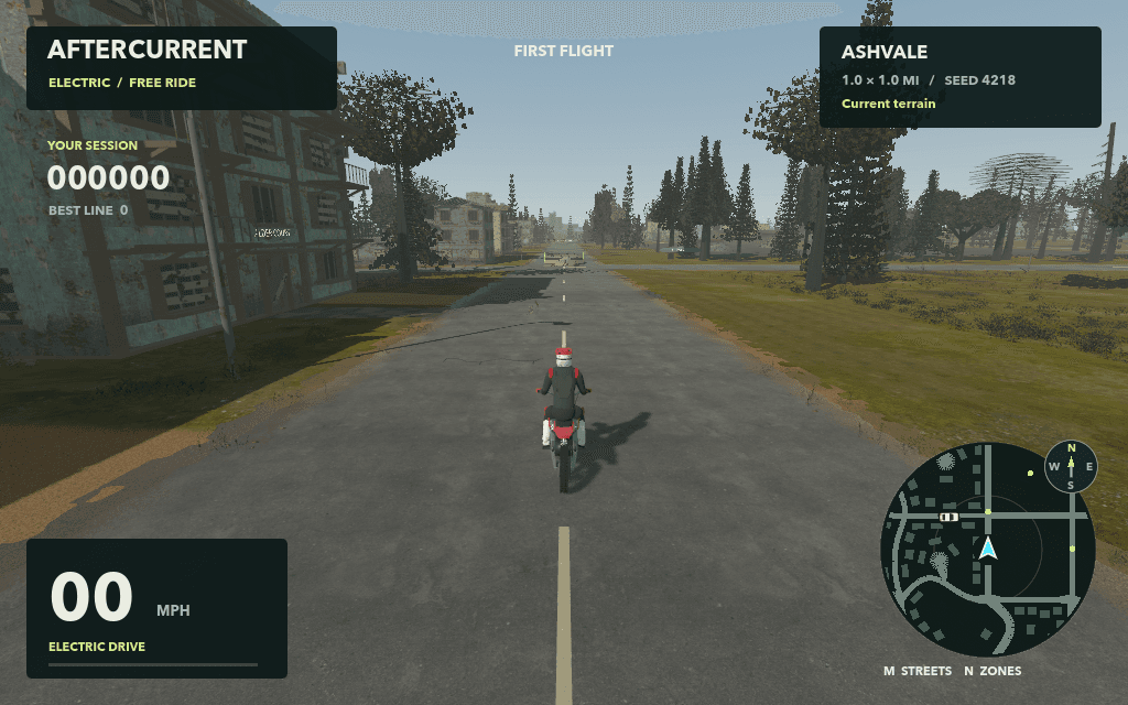 Aftercurrent gameplay in Ashvale, with a red electric bike, weathered buildings, trees, and a live minimap