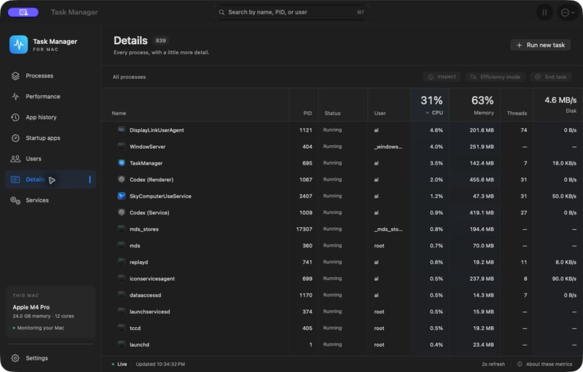 Task Manager for Mac: Details page