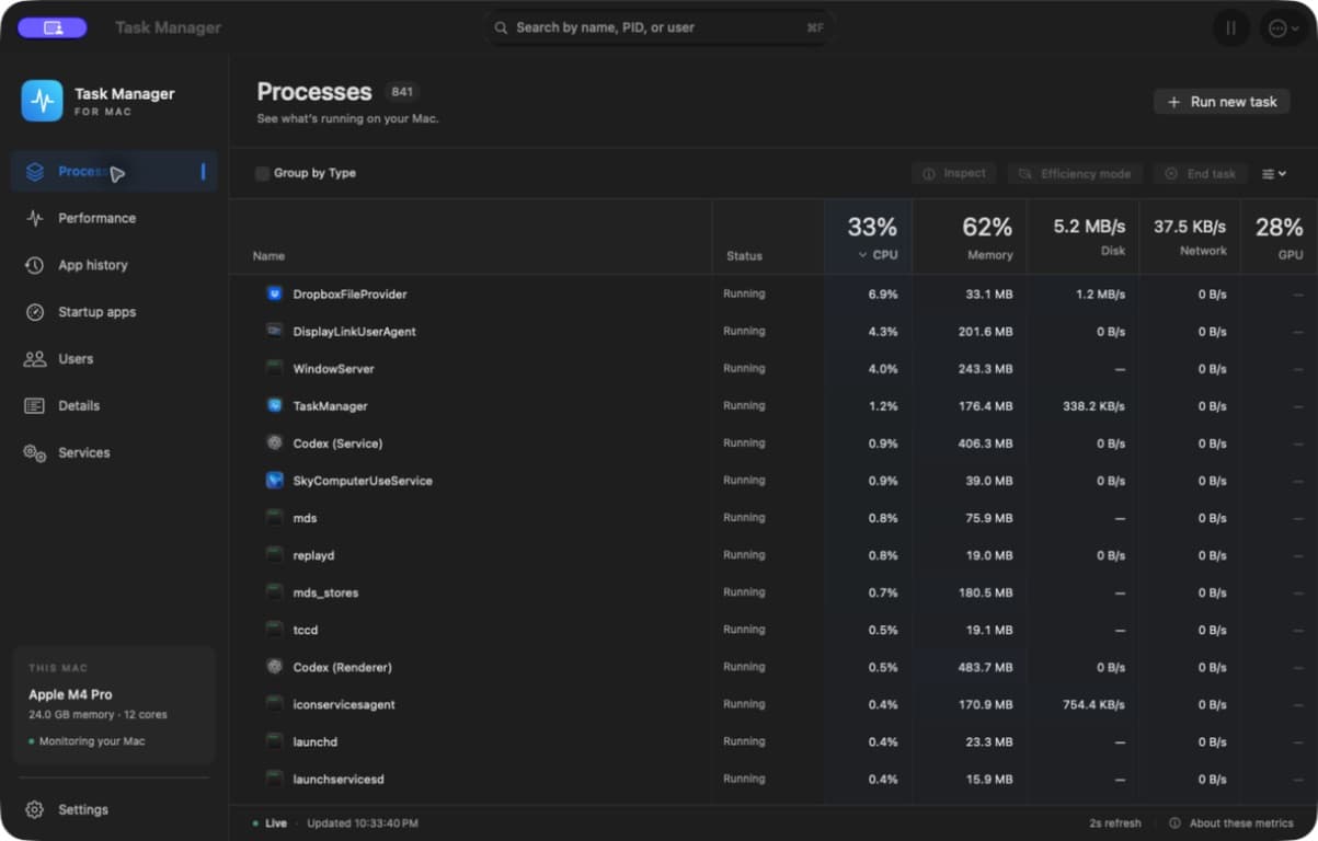 Task Manager for Mac: Processes page