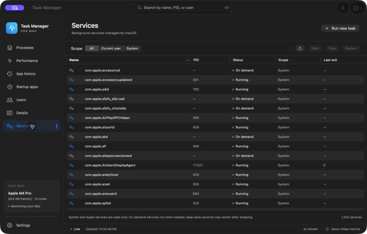 Task Manager for Mac: Services page