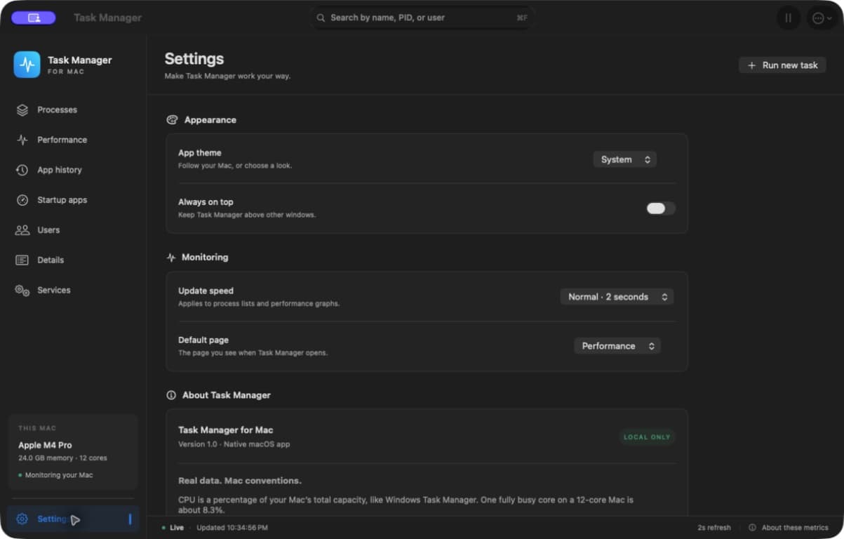 Task Manager for Mac: Settings page
