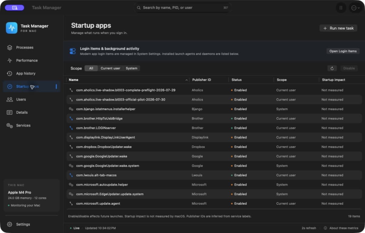 Task Manager for Mac: Startup apps page