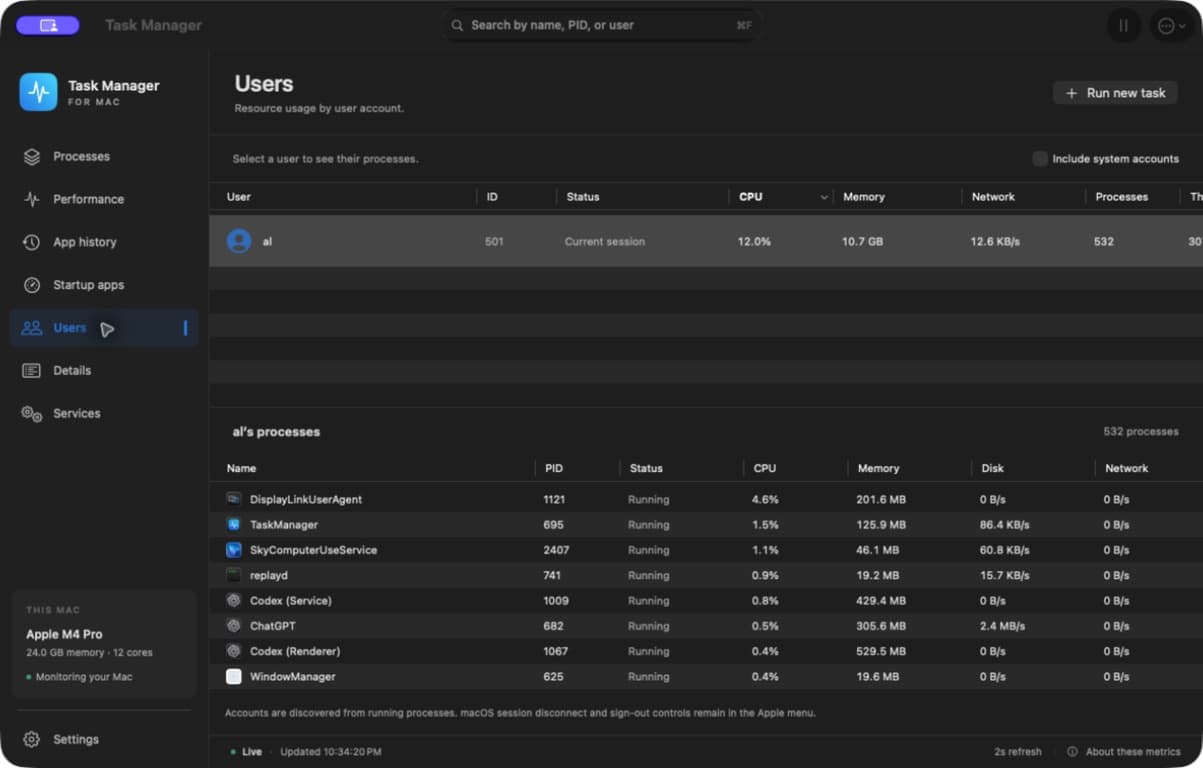 Task Manager for Mac: Users page