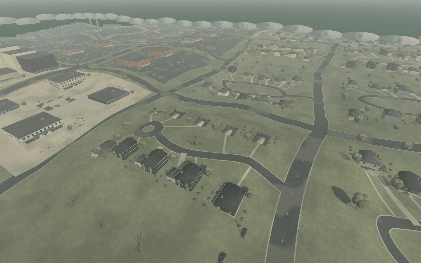 Elevated view of Aftercurrent 0.3.0 winding neighborhood streets and houses