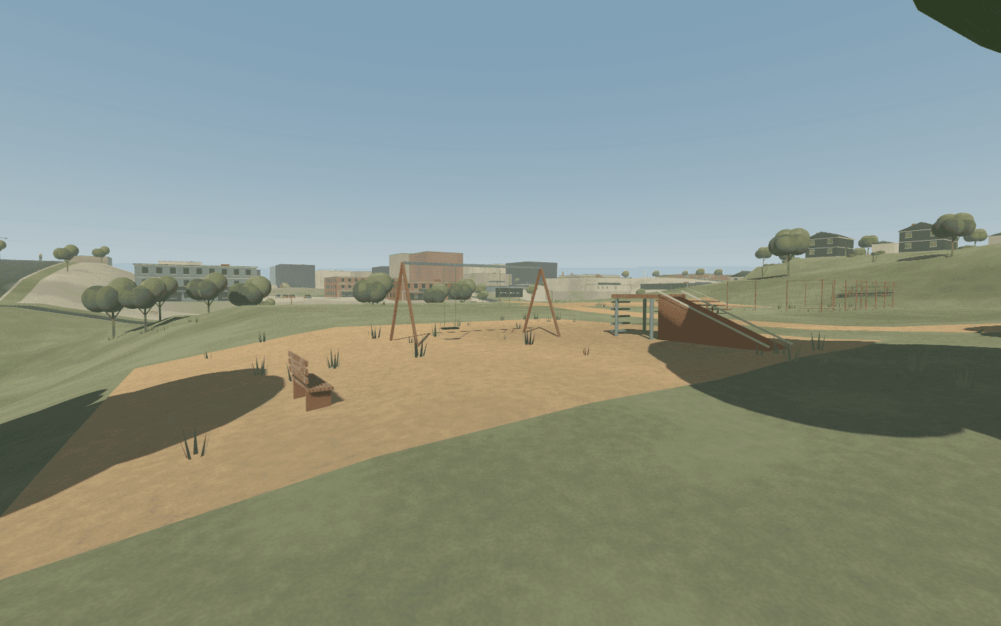 Aftercurrent 0.3.0 playground with swings, slide, climbing frame, and nearby school