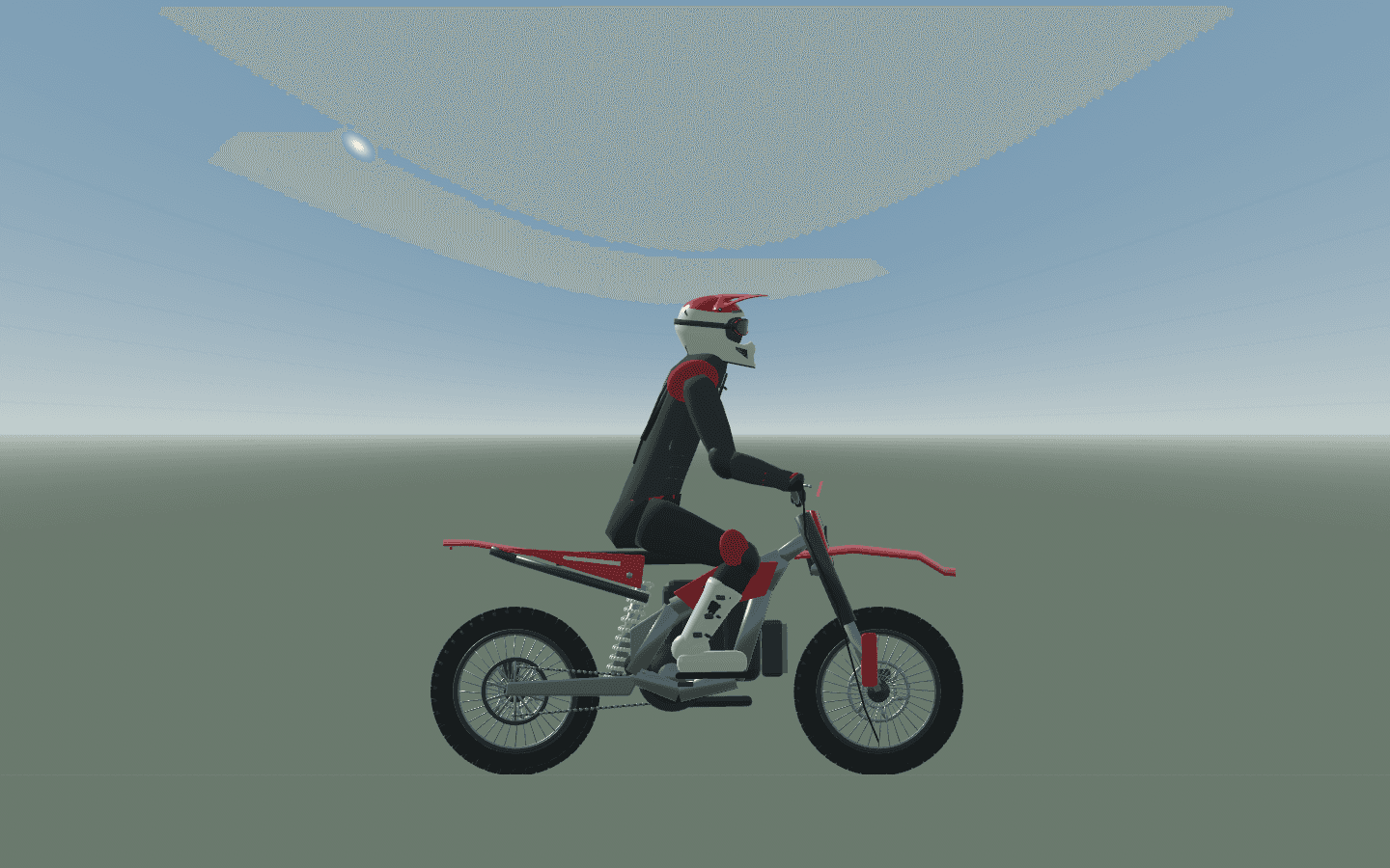 Side view of the resized red dirt bike and rider in a scale-review scene