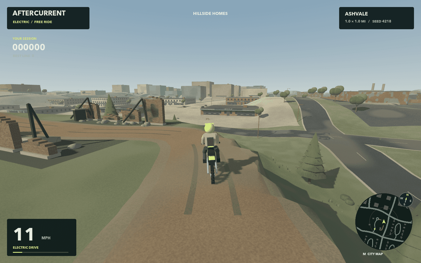 Riding-camera view of the early dirt loop beside ruined brick walls