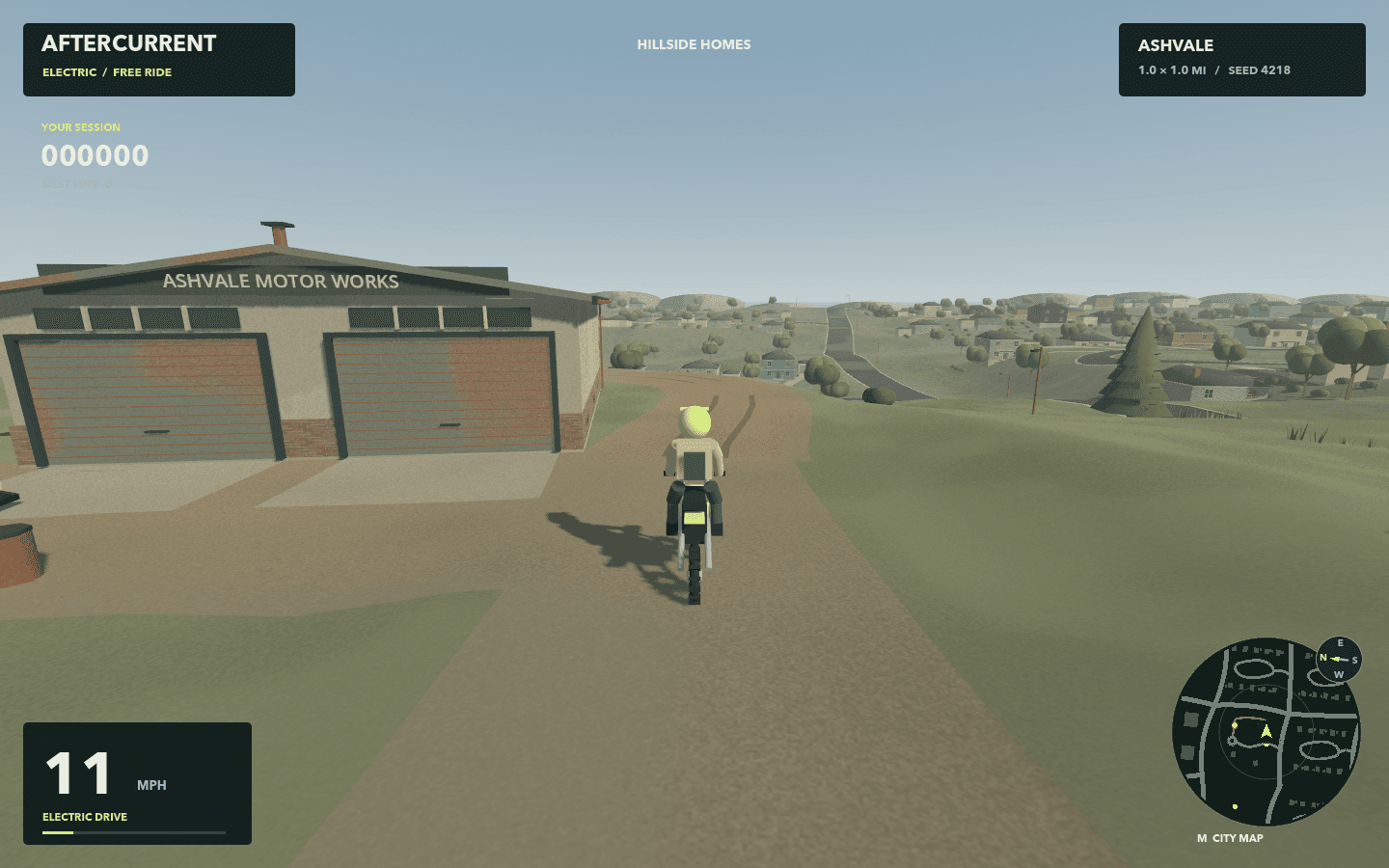 Riding-camera view beside the early Ashvale Motor Works workshop and dirt route