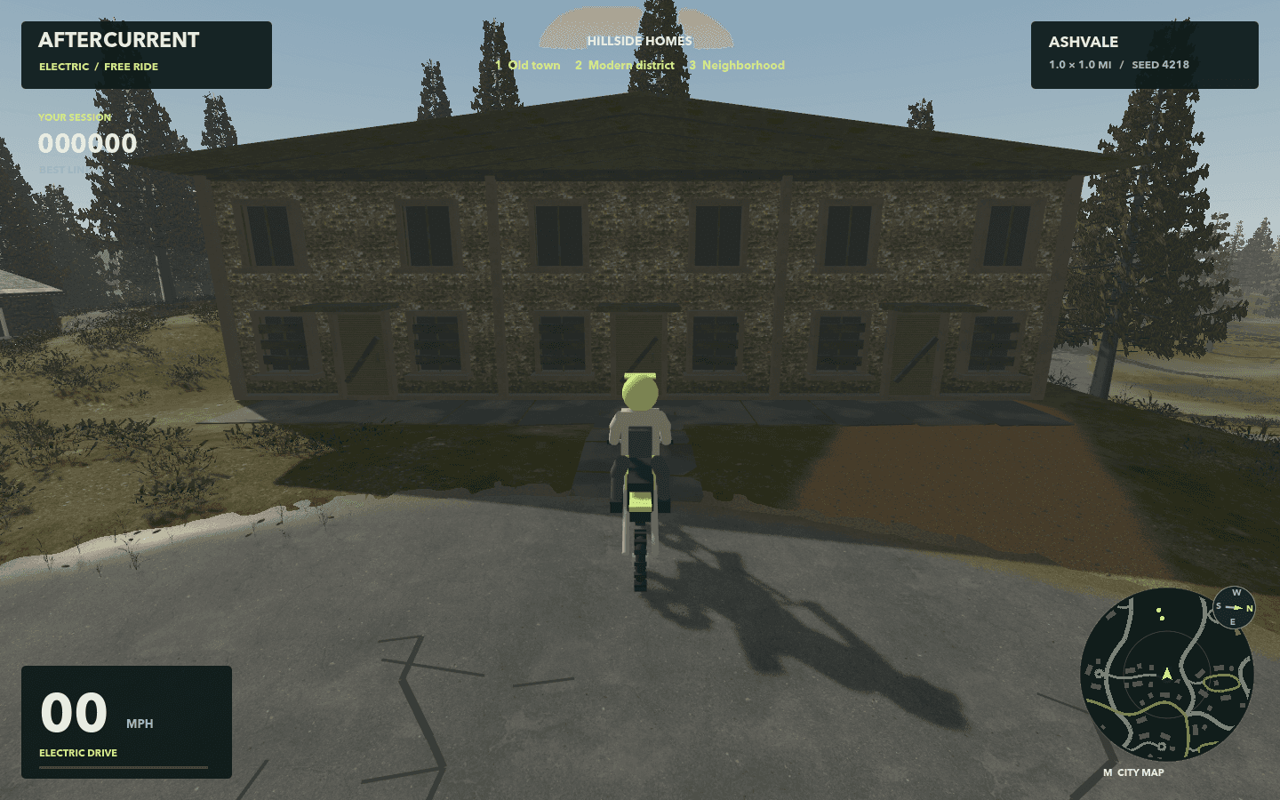 Rider facing an attached row of weathered hillside homes