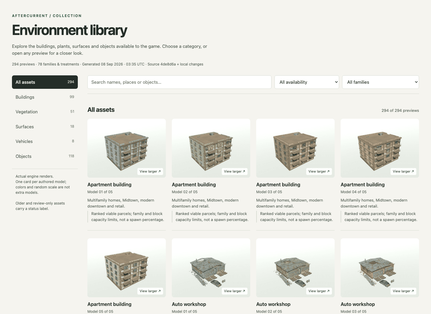Searchable environment library showing apartment and workshop model previews