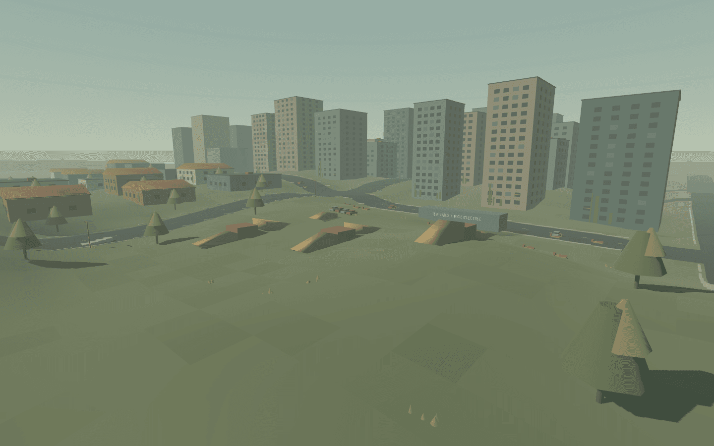 Free-camera view of the early riding yard, ramps, and block-shaped downtown