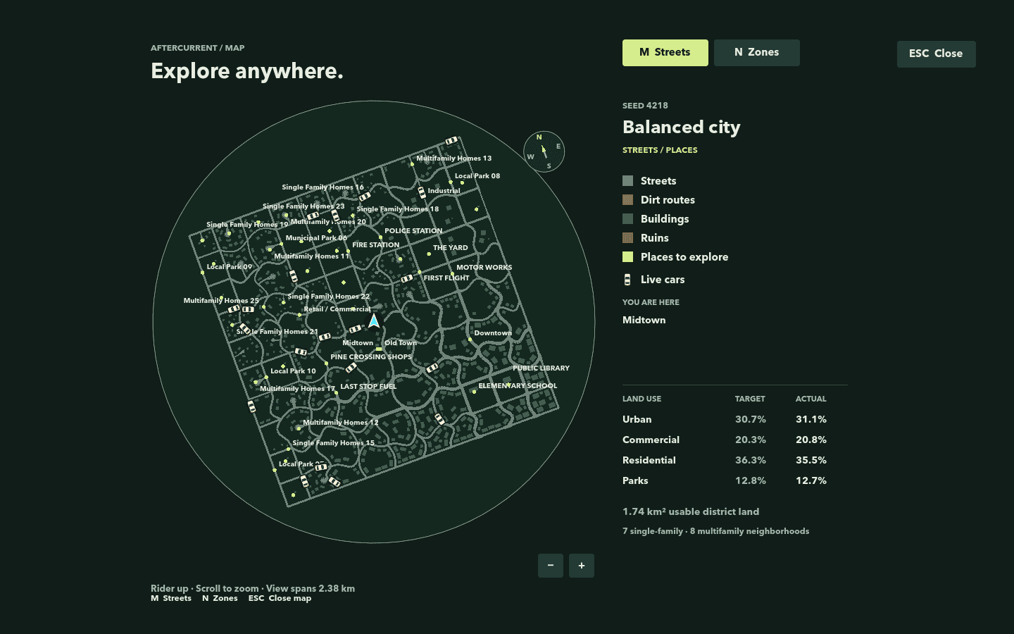 Street map with car symbols along roads and a cyan rider arrow