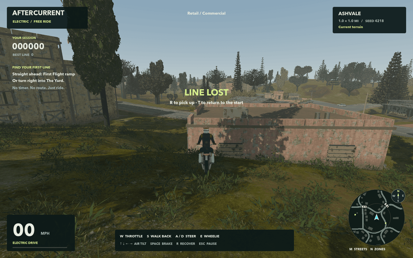 Upright rider and bike on a grassy slope beside a ruined building, with the recovery prompt visible