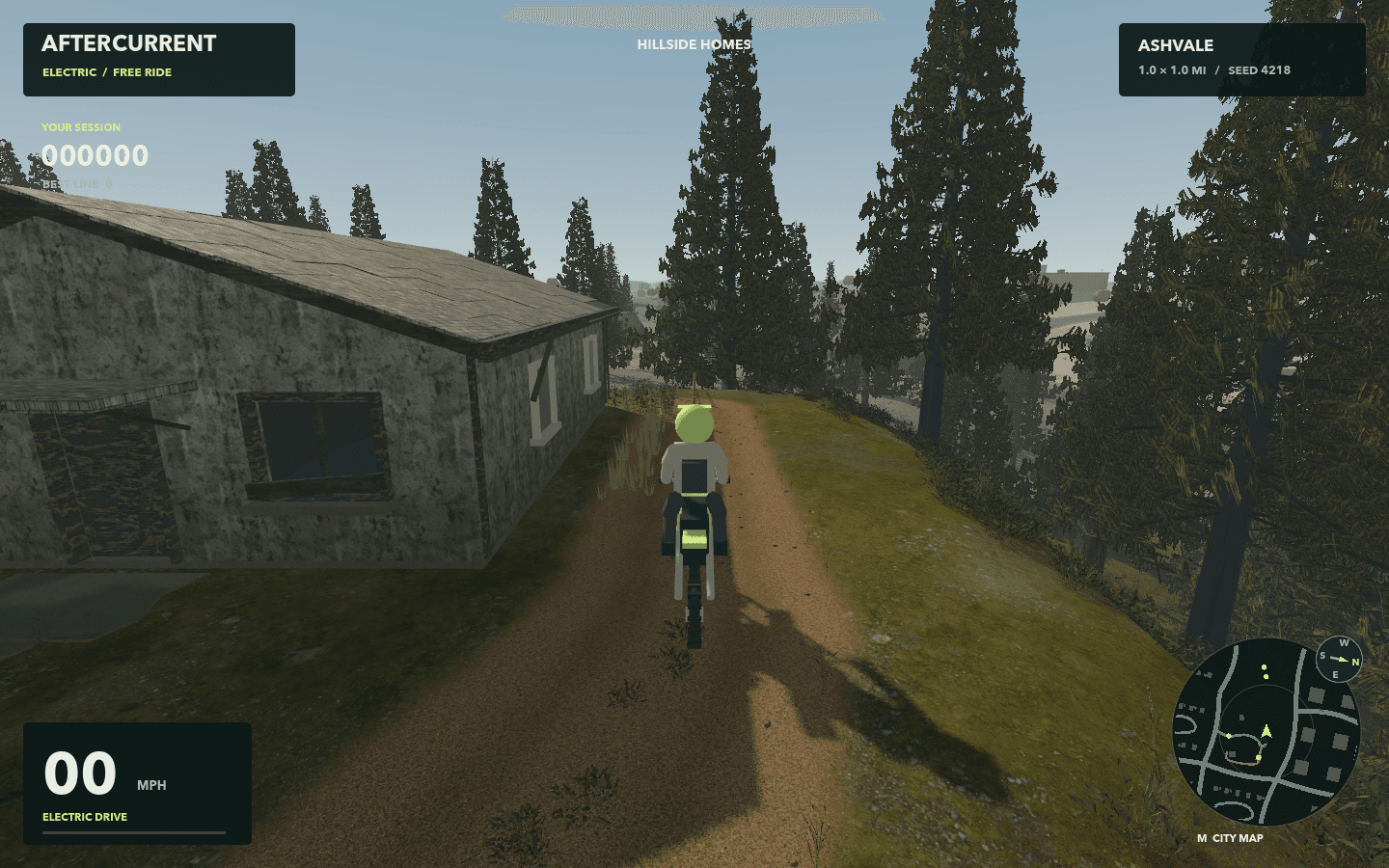 Riding-camera view beside a weathered house with a gravel driveway and overgrown woodland