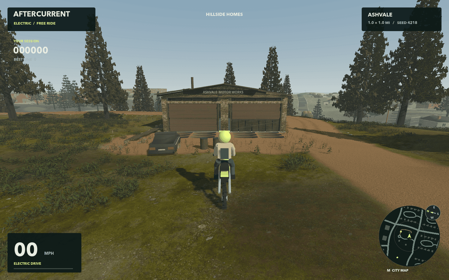 Riding-camera view of the weathered Ashvale Motor Works workshop beside the dirt loop
