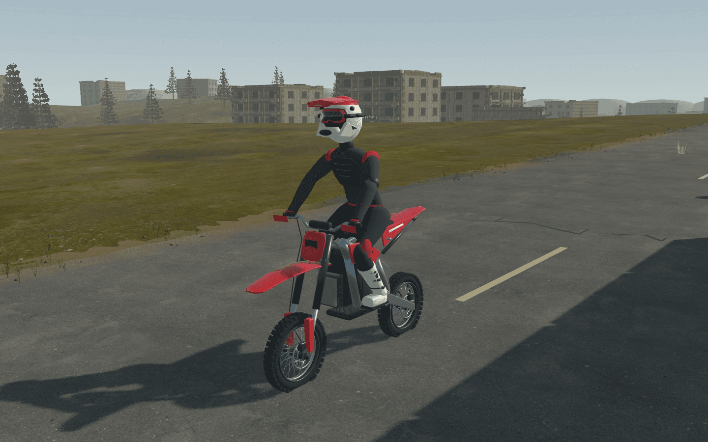 Red electric dirt bike and geared rider shown from the front in the city