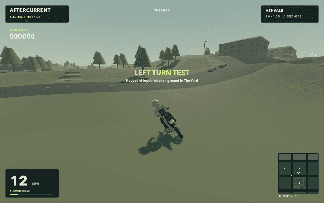 Version 0.2.0 bike leaning through a turn on uneven ground