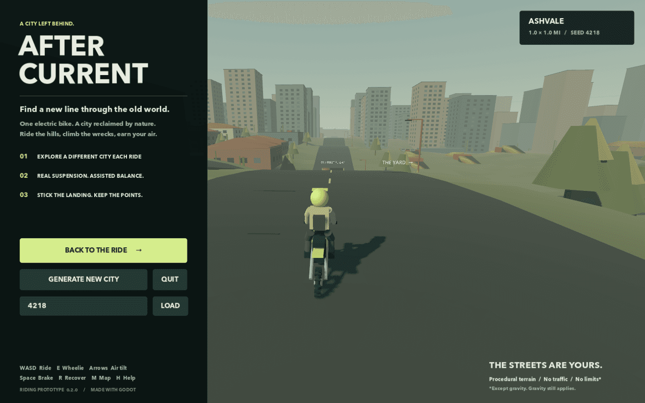 Aftercurrent 0.2.0 pause menu beside a road view after raised curbs were removed