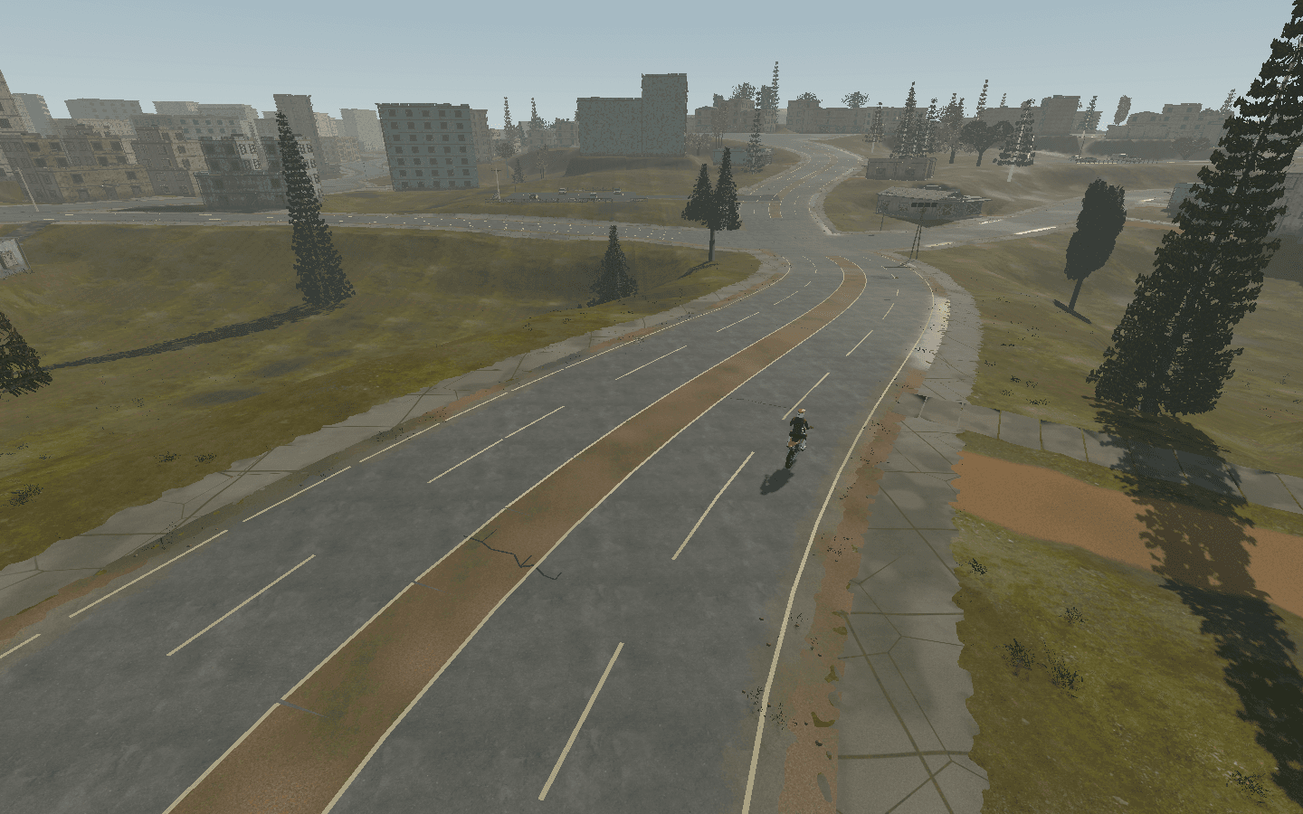 Wide boulevard curving through the weathered city, with the red bike in a marked lane